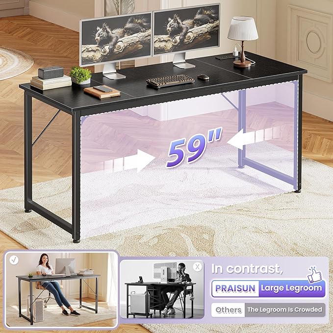PRAISUN 63 X 24 Inch Office Computer Desk with Power Outlets and USB-C Port, Larger and Longer Gaming Desk, for Home Office, Study, Writing Work from Home Table, Metal Frame, Black