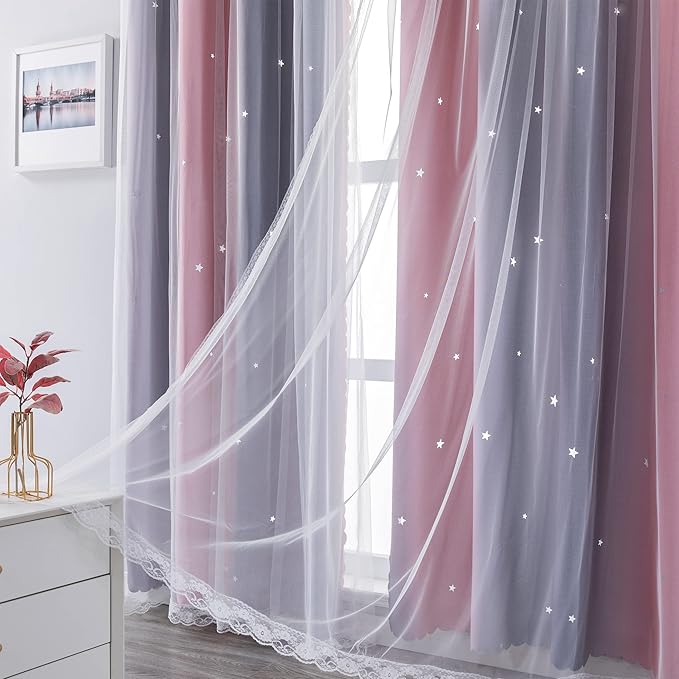XiDi Curtains for Bedroom Decor, Rainbow Pink-Grey-52-54