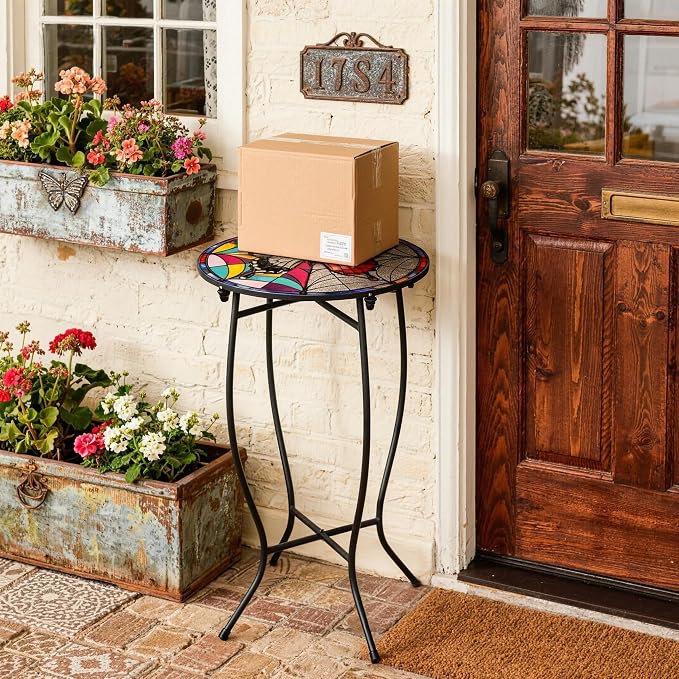 Round Side Table, 21 Inch Tall Side Table for Flower Pots Vase Home Decor, Weather Resistant Metal Patio Table Plant Stand for Indoor Outdoor Use, Easy Assemble
