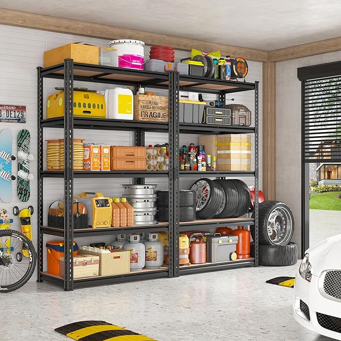 REIBII 2020LBS Storage Shelves 5 Tier Garage Shelving Heavy Duty, Adjustable Metal Shelving Unit, Garage Shelves for Basement, Warehouse, Pantry, 72" H x 35.55" W x 16" D, Black, 4 Pack