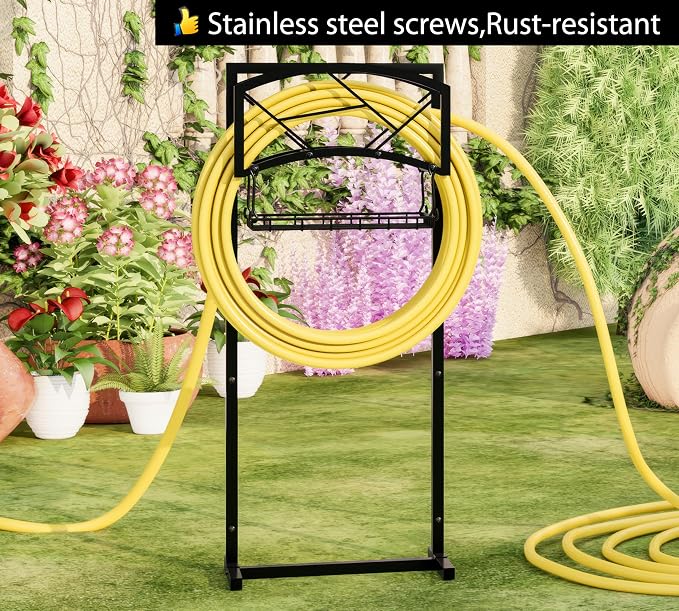 Fire Beauty Heavy-Duty Portable Garden Hose Holder with Storage Basket,80+ lbs Capacity, Modern Geometric Design, Holds 180ft 1/2" Hose,Dual Support Rods & Rustproof Screws
