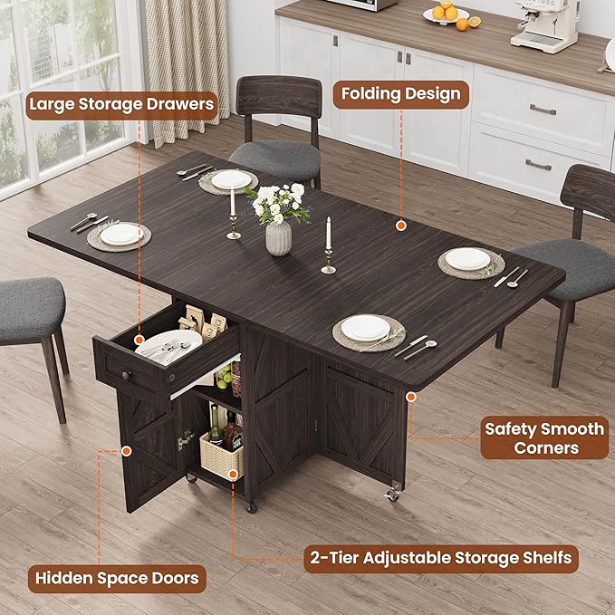Space Saving Folding Dining Table for 2-4, Farmhouse Foldable Dining Table with Drawer and Storage Shelf, 6 Wheels Drop Leaf Kitchen Dining Room Table for Small Space (Walnut, 47.2" x 23.6" x 29.9")