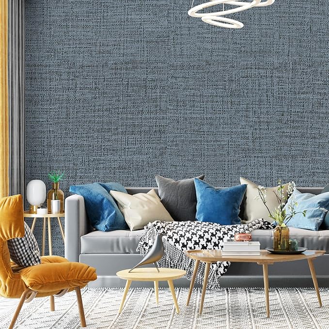 Blue Gray Grasscloth Peel and Stick Wallpaper 17.3"x120" Faux Linen Textured