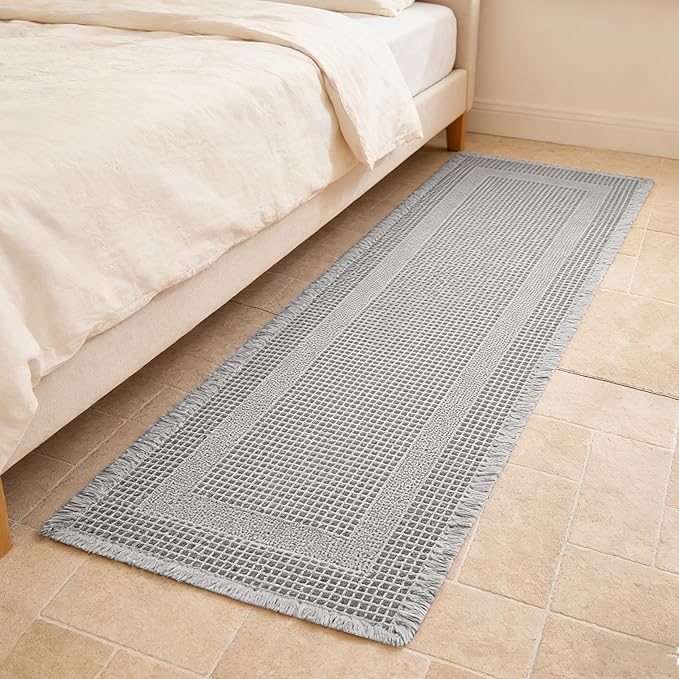 Waffle Runner Rug Non Slip, Boho Bath Mat, Super Absorbent Quick Dry Long Bath Runner Bathroom, Soft Farmhouse Bath Rug with Tassels, Washable Shower Mats for Floor 24"x72", Square Light Grey