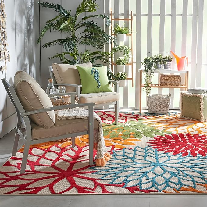 Nourison Aloha Indoor/Outdoor Green 6' x 9' Area Rug, Easy Cleaning, Non Shedding, Bed Room, Living Room, Dining Room, Deck, Backyard, Patio (6x9)