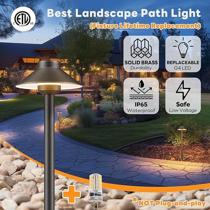 Low Voltage Landscape Sidewalk Lighting, Solid Brass Pathlights, LED Driveway Warm Light Waterproof, Hat Shaped 12V Wired Bronze for Walkway Garden with 3W 270LM 3000K G4 Bulb (6 Pack)