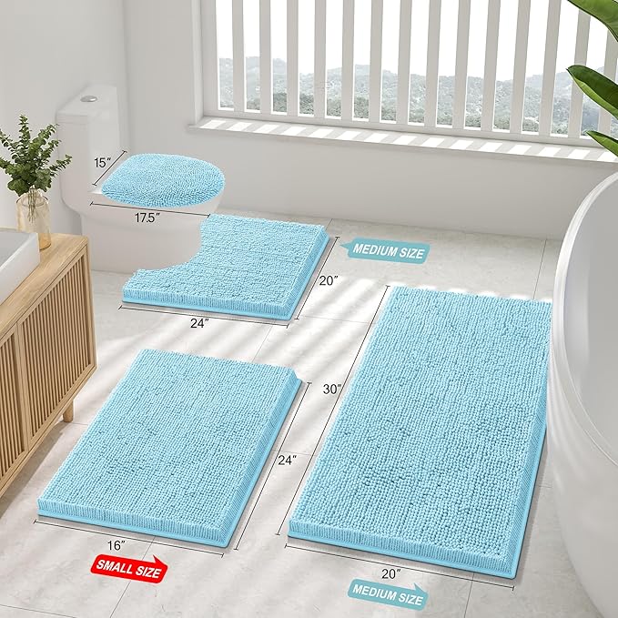Smiry Luxury Chenille Bathroom Rugs 48x32, Extra Soft and Absorbent Shaggy Bath Mat, Machine Washable, Non-Slip Plush Carpet Runner for Tub, Shower, and Floor, Home Decor Accessories, Sky Blue