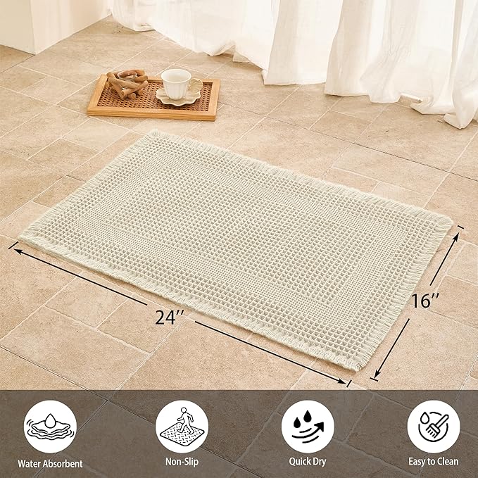 Waffle Bath Mat Non Slip, Boho Bathroom Rug, Super Absorbent Quick Dry Bathroom Mat, Soft Farmhouse Bath Rug with Tassels, Small Washable Shower Mats for Floor 16"x24", Square Cream