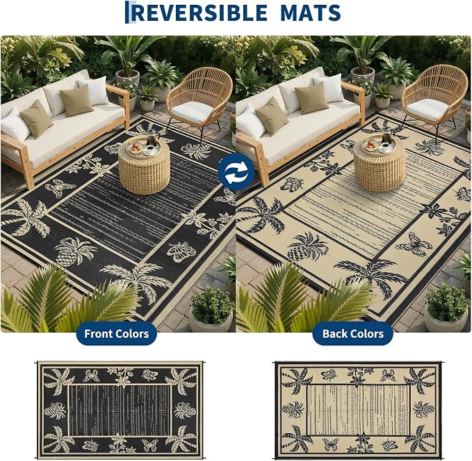 Garvee Outdoor Rug 8x10 Waterproof for Patios, Reversible Plastic Straw Rug, Tropical Leaf Indoor Outdoor Rugs, Large Area Rug for RV, Camping, Deck, Picnic Mat, Outside Carpet