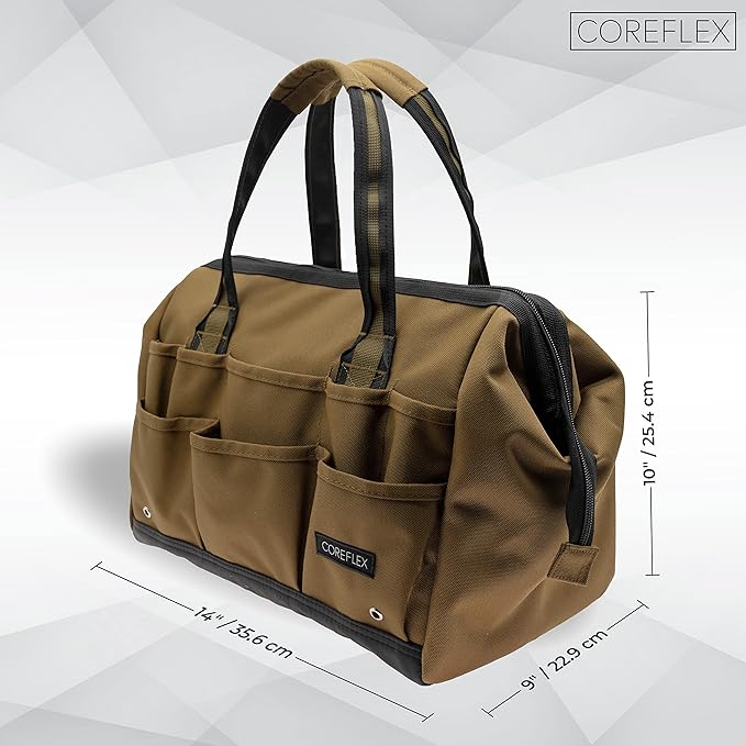 Coreflex 14 inch Wide-Mouth Tool Bag, Gear Bag, Multiple Purpose - for Plumbers, Electricians, Handymen also good for daily use, office use and camping. (Tan)