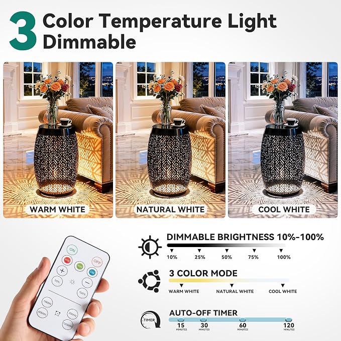 18" Cutout Metal Outdoor Side Table with 3-Mode LED Lights, Modern Decorative Drum End Table, Versatile Coffee Table/Garden Stool/Night Stand/Plant Stand for Patio, Living Room, Bedroom