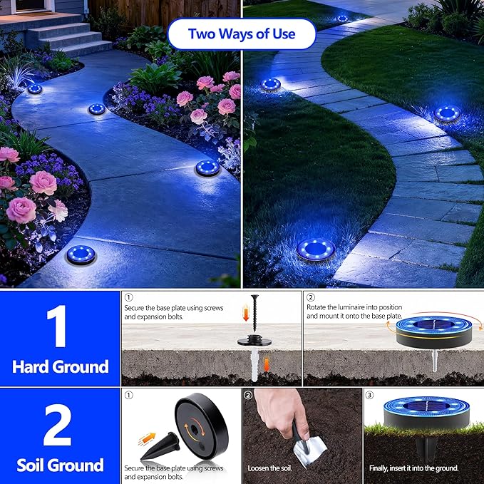 Joomer 16 Pack Solar Ground Lights, 2-in-1 Solar Lights Outdoor Waterproof Solar Powered Disc Light Landscape Garden Lighting Light for Patio Pathway Lawn Yard Driveway Walkway Deck Step (Blue)