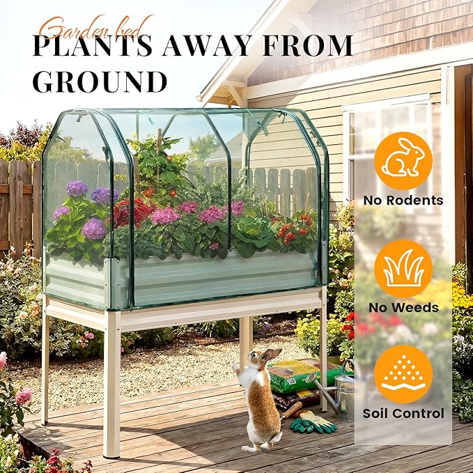 King Bird Large Raised Garden Bed with Netting Galvanized Elevated Planter Box with Legs 48×24×56 in for Backyard, Patio, Balcony, 400lb Capacity, Beige