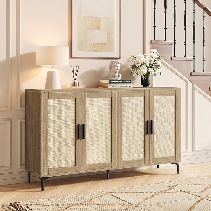 JASIWAY Buffet Cabinet with Storage, 48" Rattan Sideboard with Adjustable Shelves, Modern Coffee Bar Cabinet Console Table with Doors, Credenza for Kitchen, Living Room, Entryway, Dining Room, Wood