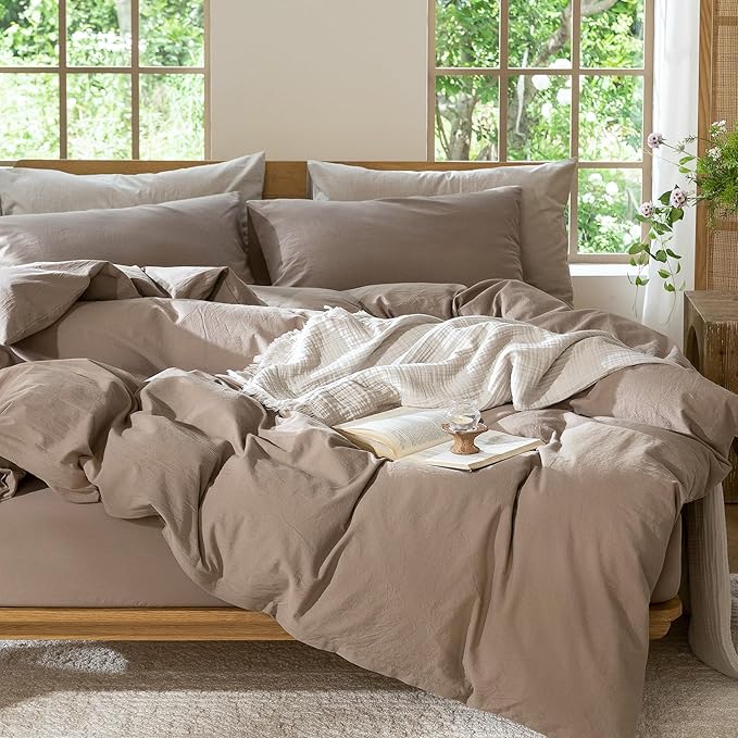 MooMee Bedding Duvet Cover Set 100% Washed Cotton Linen Like Textured Breathable Durable Soft Comfy (Solid Brown, Oversized King Plus 128"x120")