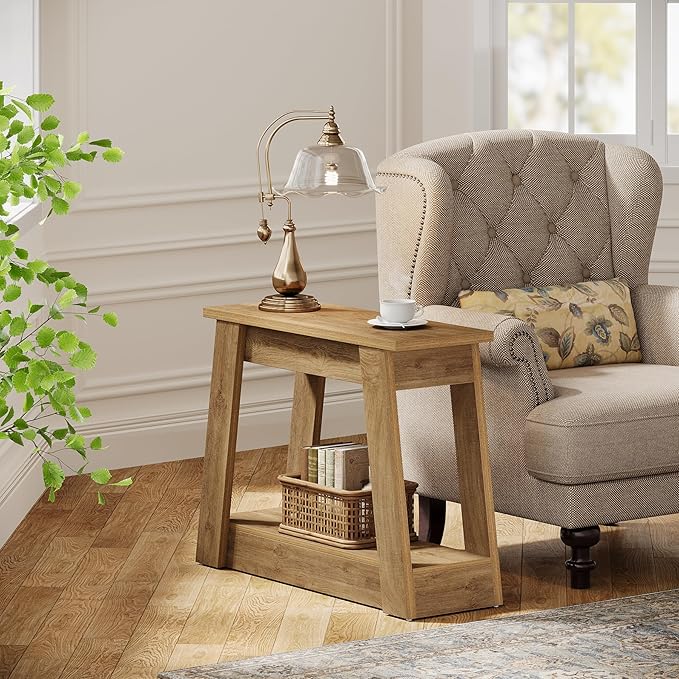 Tribesigns Wood End Table, Small Side Table with 2 Storage Shelves, Rustic Accent Narrow Nightstand for Living Room, Bedroom (1, Light Brown)