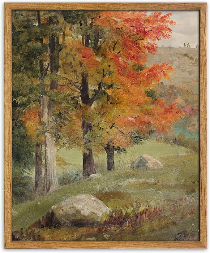 UPWOIGH Framed Wall Art,Autumn Tree Oil Painting Canvas Poster Vintage Fall Landscape Rustic Print Retro Forest Moody Wall Art Living Room Decor 12x16in