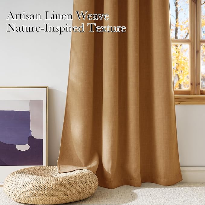 NICETOWN Short Faux Linen Gold Brown Blackout Curtains 63 inches Long