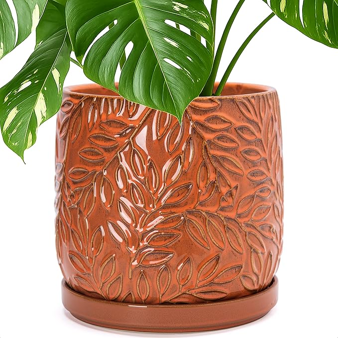 D'vine Dev 10 Inch Embossed Leaves Stoneware Planter Pot with Drainage Hole and Saucer, Pumpkin, 27-A-P-J