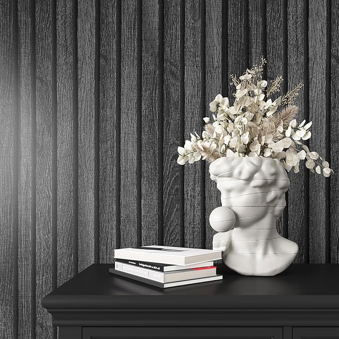 VEELIKE Charcoal Black Wood Slat Wallpaper Peel and Stick Modern Wood Panel