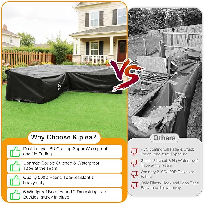 Kipiea L-Shape Patio Furniture Covers Waterproof, 500D Heavy Duty Outdoor Sectional Cover Windproof, Outdoor Couch Cover Anti-UV, No Tears & No Fading (Left Facing, 120" x 90" L x 33.5" D x 31" H)