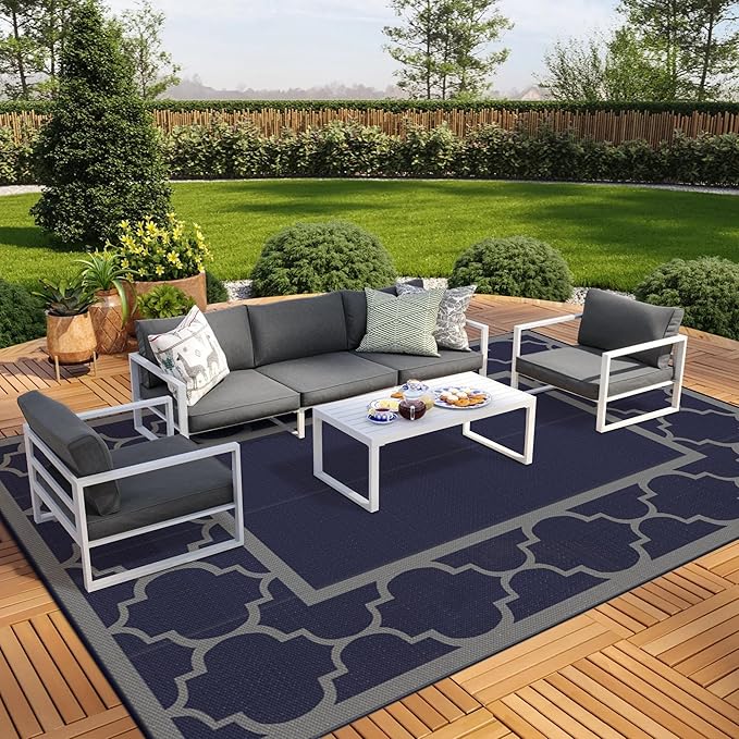 GENIMO 10 'x20 ' Outdoor Rug for Patio Clearance, Waterproof Indoor Outdoor Plastic Straw Rugs Carpet, Reversible Outside Area Rv Mat for Camping, Balcony Porch, Deck, Picnic, Beach (Blue & Grey)