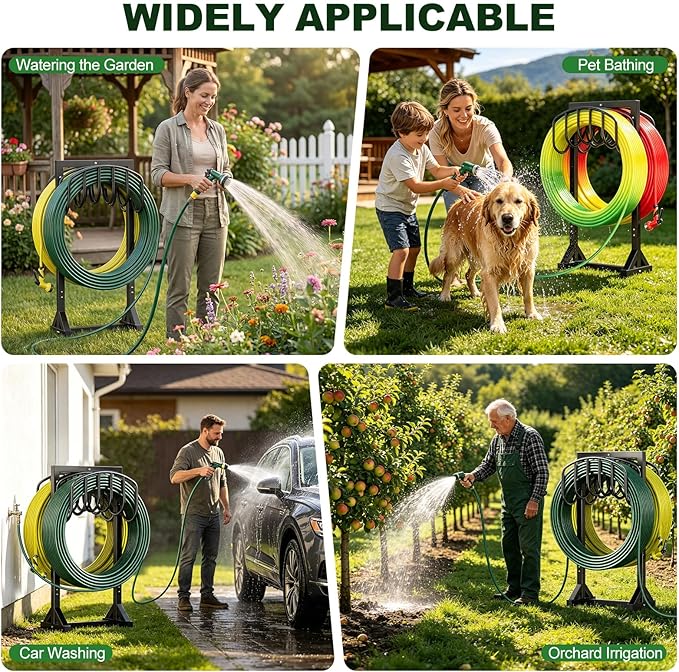 HeroicLion Garden Hose Holder Holds 2 x 151FT Hoses, Heavy-Duty Metal Freestanding Hose Stand Hanger with Stable Base, Rustproof Double Water Hose Holders for Outside Yard Lawn Farm, Black