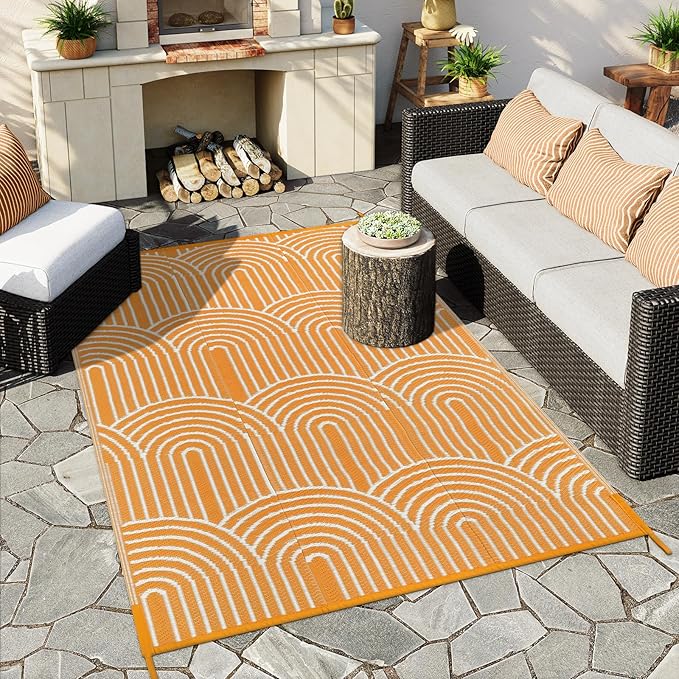 Anidaroel Patio Rugs Outdoor 6’x9’ Clearance Waterproof, Reversible Rainbow Outdoor Plastic Straw Outside Rugs, RV Outdoor Rugs for Camping, Porch, Balcony, Backyard (Orange,6‘X9')