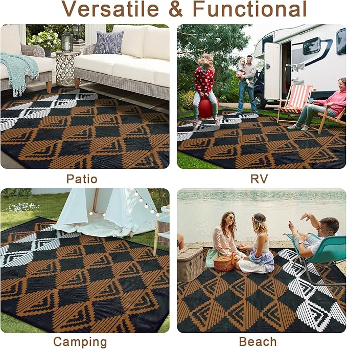 Beeiva Outdoor Rugs 8x10 Waterproof, Modern Geometric Reversible Patio Rug 8x10, Large Foldable Outdoor Plastic Straw Rug for Camping, Porch, Backyard, Balcony, Picnic - Black & Brown
