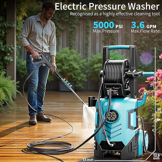 2026new Pressure Washer 5000PSI with Adj-8-Level Touch Screen, 34" Tall Power Washer, 4 Quick Connect Nozzles, Inlet Hose&Filter&500mlFoam Cannon for Cars/Fences/Driveways,Blue