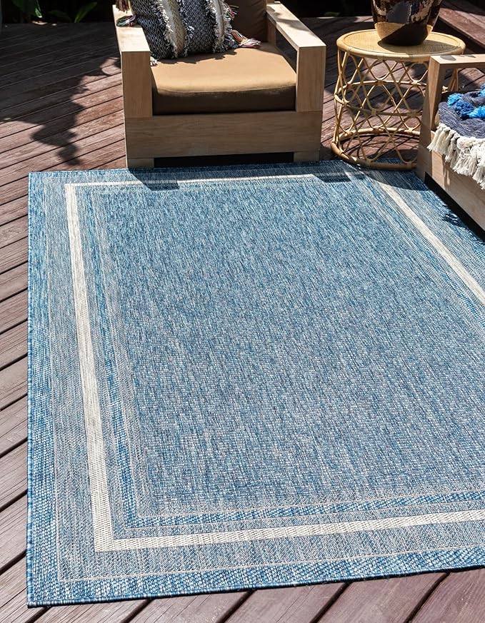 Unique Loom Outdoor Border Collection Area Rug - Soft Border (10' x 13' Rectangle, Blue/ Ivory)
