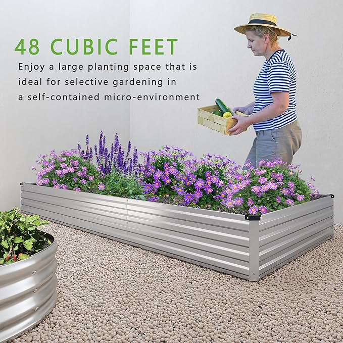 DIIYIV 12x4x1FT Galvanized Raised Garden Bed Kit,Vegetable Boxes-Rectangle Metal Flower Box,Large Planter Raised Beds Outdoor Garden for Planting,Fruit,Herb-Silver