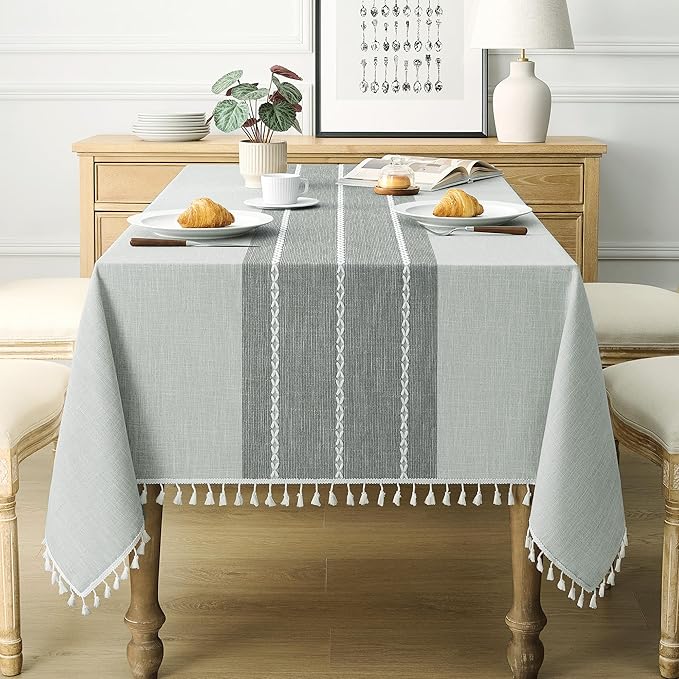 puredown® Rustic Rectangle Tablecloth, Waterproof Cotton Linen Tablecloth with Tassel, Wrinkle Free Farmhouse Table Cloths for Kitchen Dining Outdoor, 55"x120",10-12 Seats, Gray