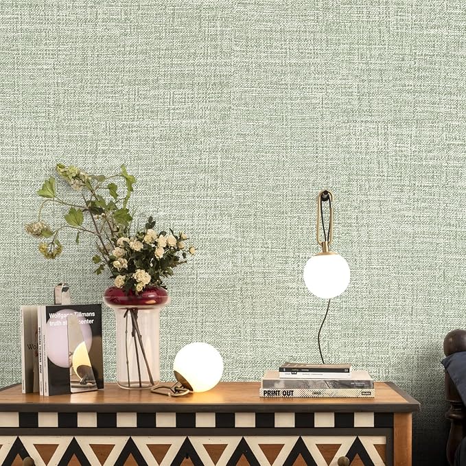 Green Grasscloth Wallpaper 17.3"x160" Faux Linen Textured Contact Paper