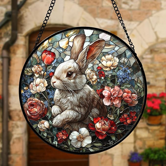 Stained Glass Window Hanging - Cute Rabbit Flowers Suncatcher Ready to Hang Window Doors Home Decoration, Christmas, Mother's Day Birthday Gifts for Women, Men, and Mom 15x15 in