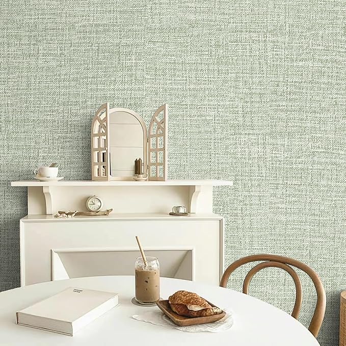 Green Grasscloth Peel and Stick Wallpaper 17.3"x480" Faux Linen Textured