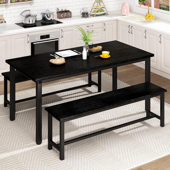 AWQM Dining Table Set with Two Benches, Kitchen Table Set for 4-6 Persons, Kitchen Table of 47.2 x 28.7 x 28.7 Inches, Bench of 41.3 x 11.8 x 17.7 Inches Each, Black
