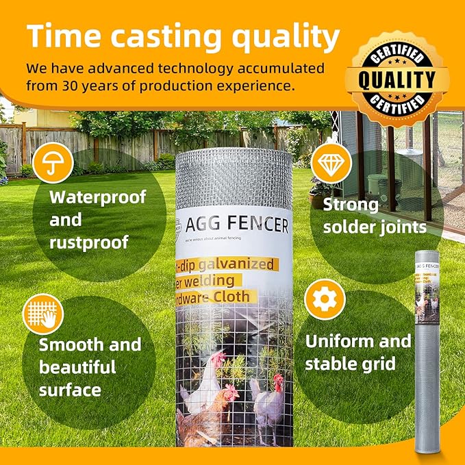 36in x 25ft Hardware Cloth 1/8 inch 27Ga Hot Dipped Galvanized After Welding, Chicken Coop Wire Fence, Welded Metal Fencing Roll Mesh for Bee Screen Garden Plant Poultry Animal Netting Cage