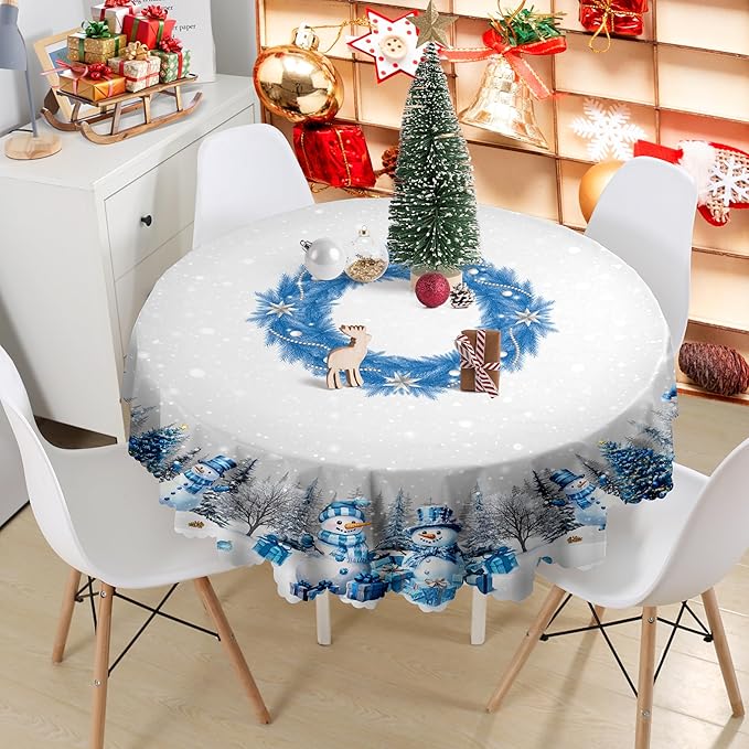 Eikione Round Tablecloth 60inch, Christmas Tablecloth Waterproof and Wrinkle-Free, Table Covers, Winter Decorations for Home Dining Blue
