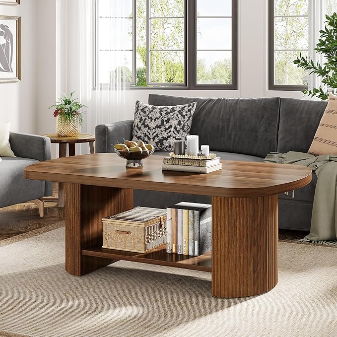 Tribesigns Oval Coffee Table, Mid-Century 2-Tier Coffee Table with Storage Shelf, Modern 45.27" Accent Center Table with Wooden Dual Base for Living Room Bedroom Apartment (Rustic Brown)