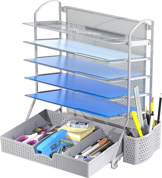 Simple Houseware 6-Tier Desk Document File Tray Organizer with Supplies Sliding Drawer, Silver