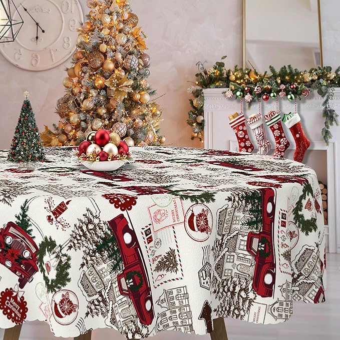 Eikione 60 Inch Round Merry Christmas Tablecloth, Truck Christmas Tree Tablecloth, Stain Resistant Dining Table Cover for Holiday Decor