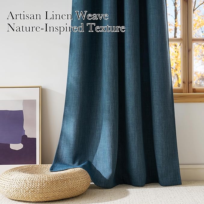 NICETOWN Short Faux Linen Stone Blue Blackout Curtains 63 inches Long
