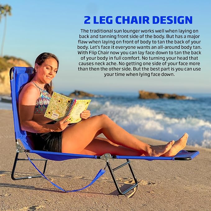 EASYGO Products Pool Chair Chaise Lounge 2 Legs Support Polyester Material Reclining Backrest Head Rest Pillow Great for Beach, Home, Backyard, Outdoor, Patio, Pool, Camping, Lawn or Deck Color TAN
