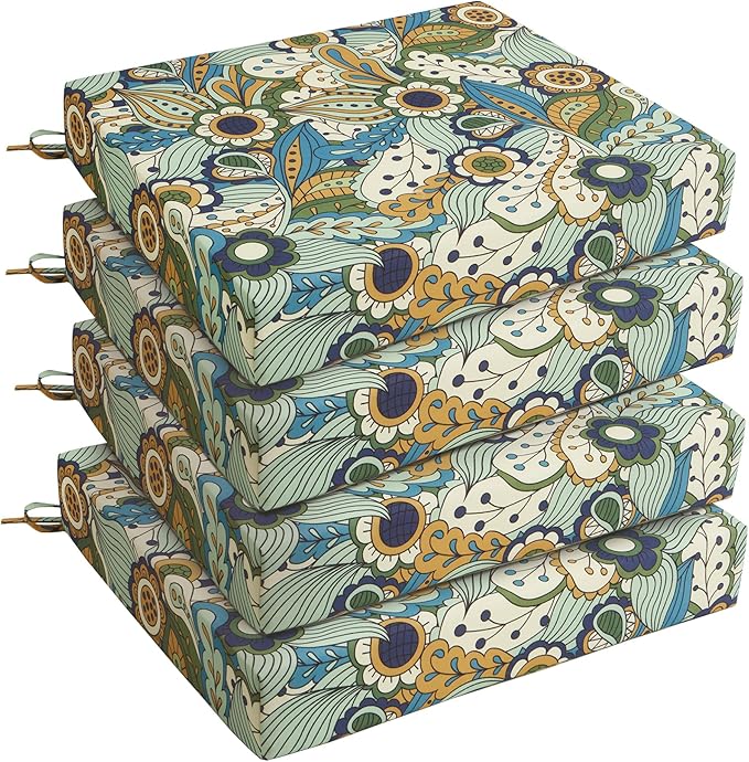 UNIKOME Outdoor Chair Cushions Pack of 4, Water Resistant Patio Cushions with Ties, High Density Sponge Filling Square Corner Seat Cushions for Outdoor Furniture, 18.5"*16"*3", Sun Flower
