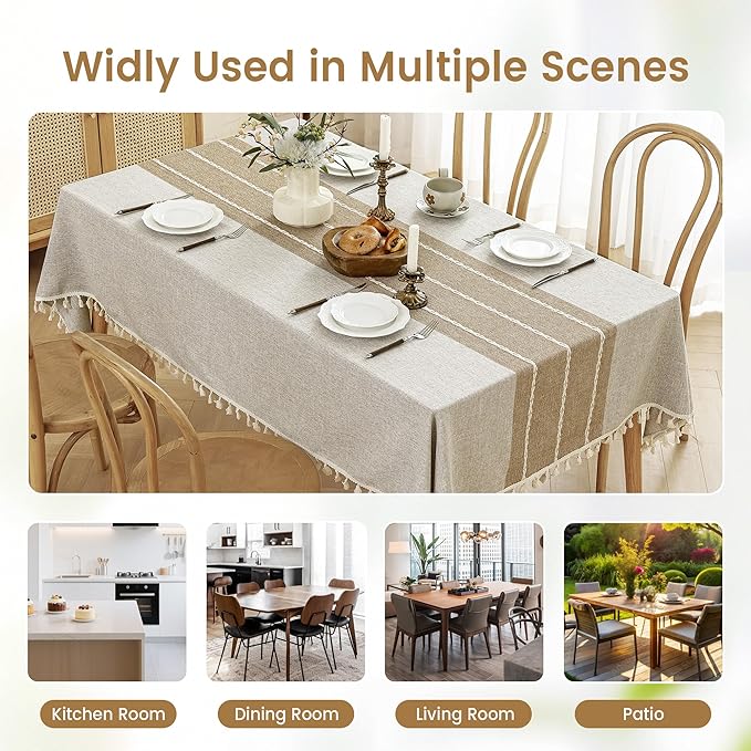 puredown® Rustic Rectangle Tablecloth, Waterproof Cotton Linen Tablecloth with Tassel, Wrinkle Free Farmhouse Table Cloths for Kitchen Dining Outdoor, 55"x86",6-8 Seats, Coffee