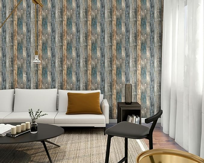 FLFK 16" x 384" Wallpaper Peel and Stick Blue-Gray Wood Contact Paper