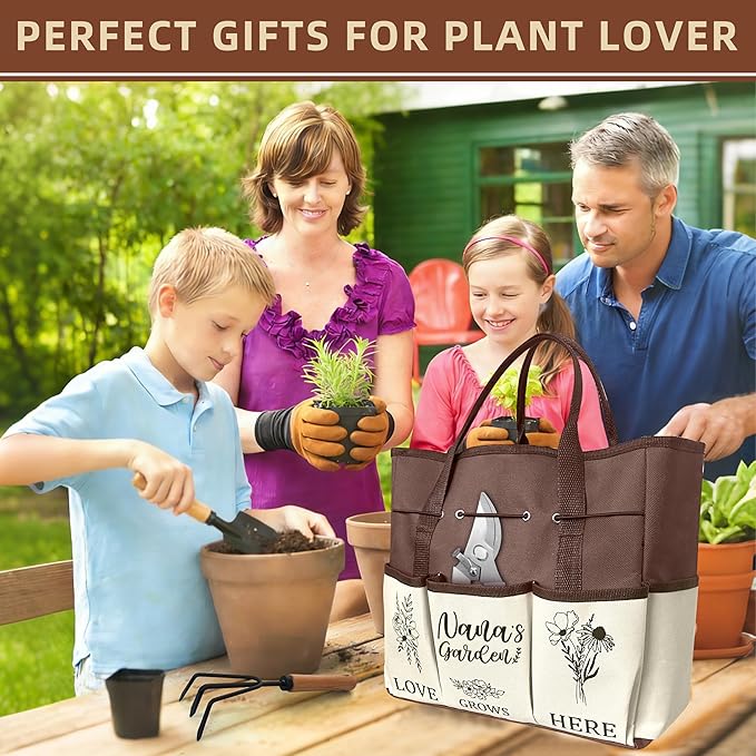 Nana Gifts, Garden Kit Gifts for Nana Mothers Day from Grandkids Gardening Tools and Durable Garden Tools Organizer Tote, Ideal Gardening Set for Women on Plant Lover Birthday Present Brown