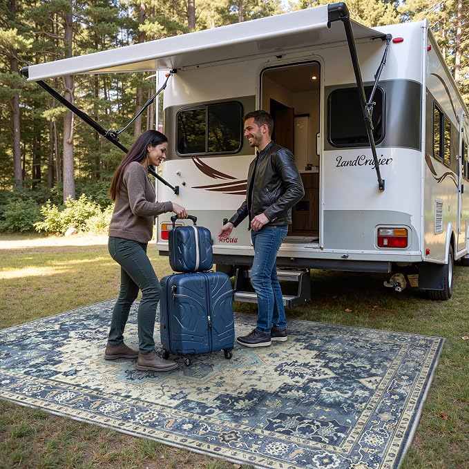GENIMO Outdoor & Indoor Area Rug 5'x8', Waterproof, Non-Shedding, Easy Cleaning, Boho Mat for Patio, Living Room, Balcony, Dining Room, RV, Deck, Bedroom, Camping, Outside Carpet,Center Blue