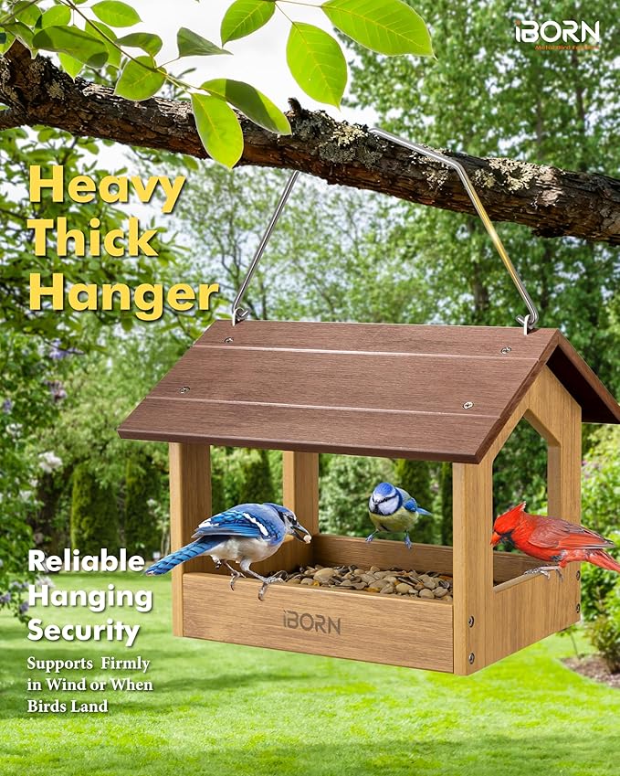iBorn Pavilion Bird Feeder, Covered Platform Bird Feeder for Outdoors Hanging, WPC Recycled Plastic & Waterproof, Coffee